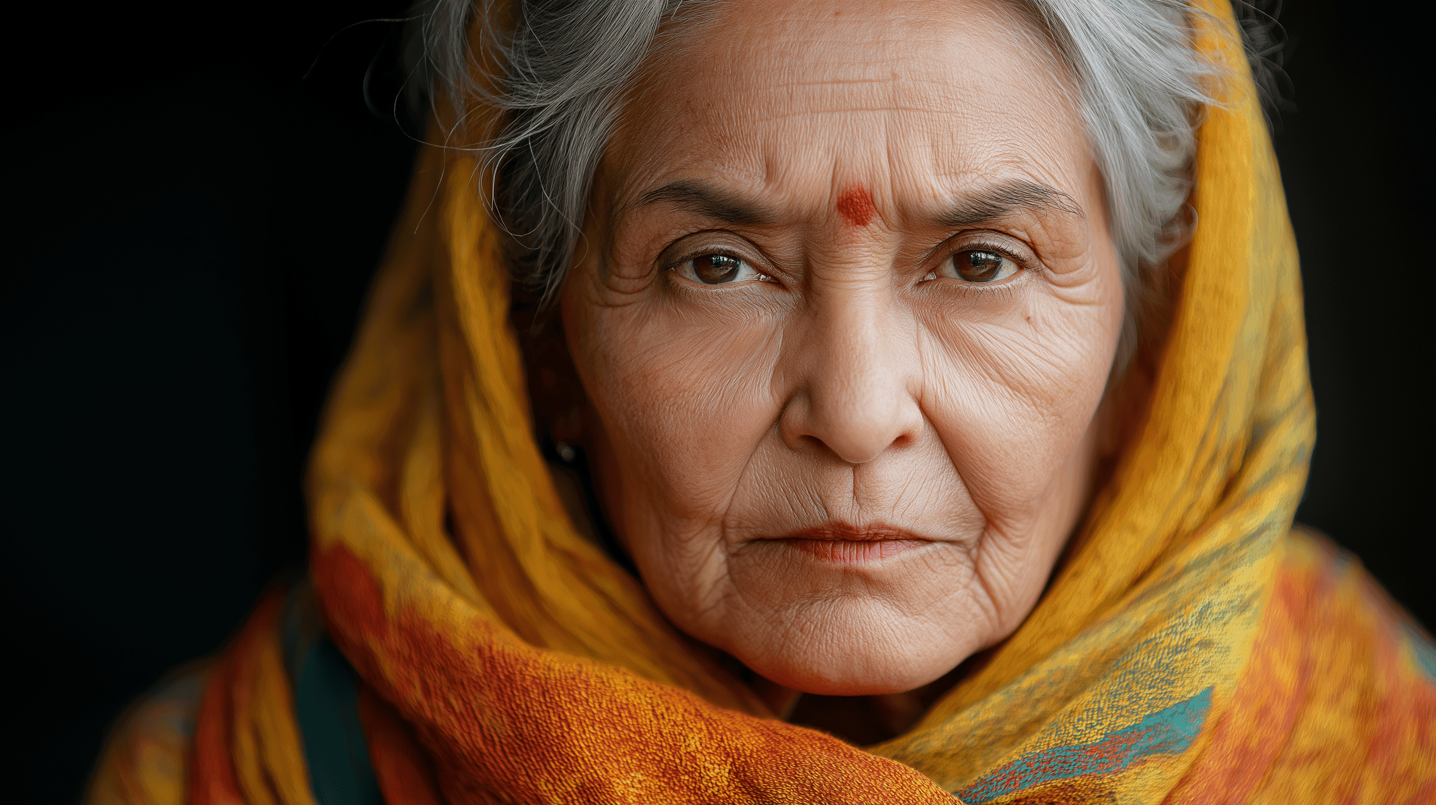 A powerful AI-generated portrait of an elderly Indian woman with deep eyes, wearing a traditional shawl.