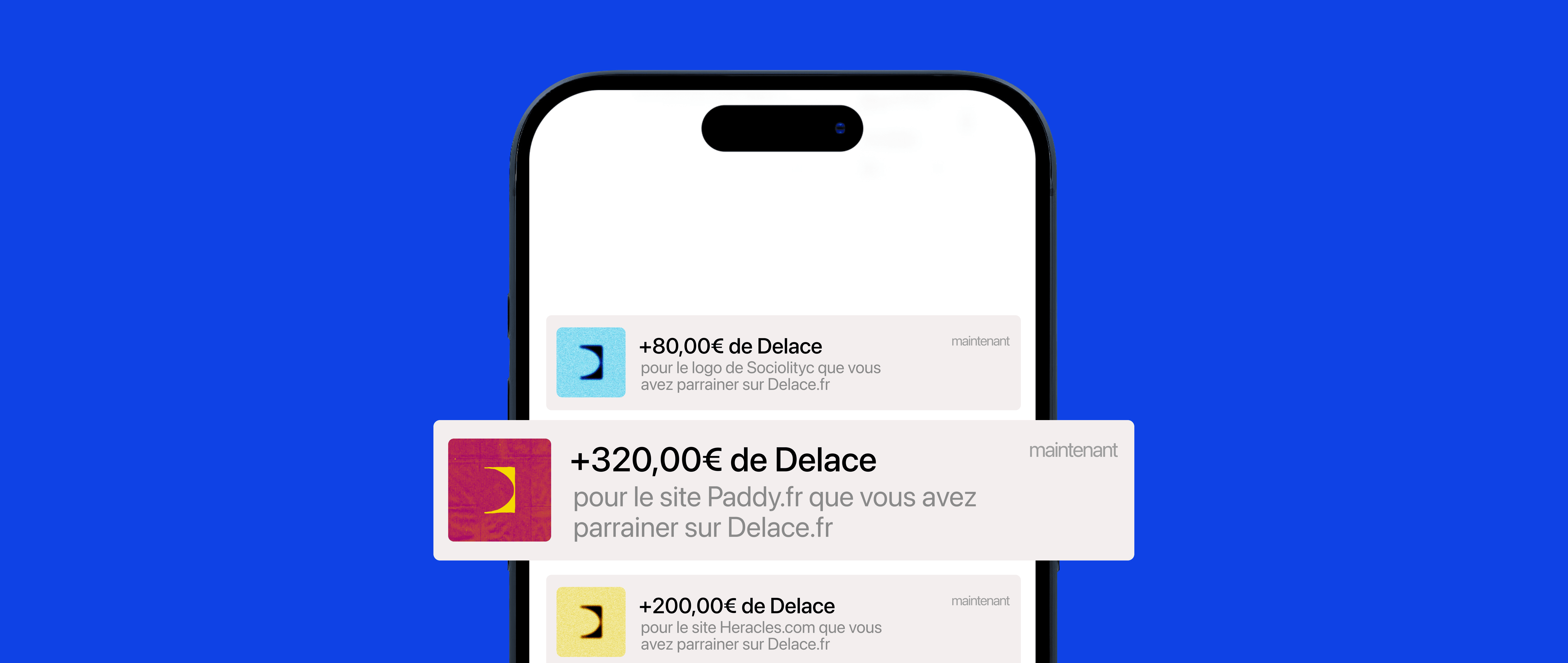 Notification de l'application Delace montrant un gain de 200 € et des options de visite et d'affiliation.