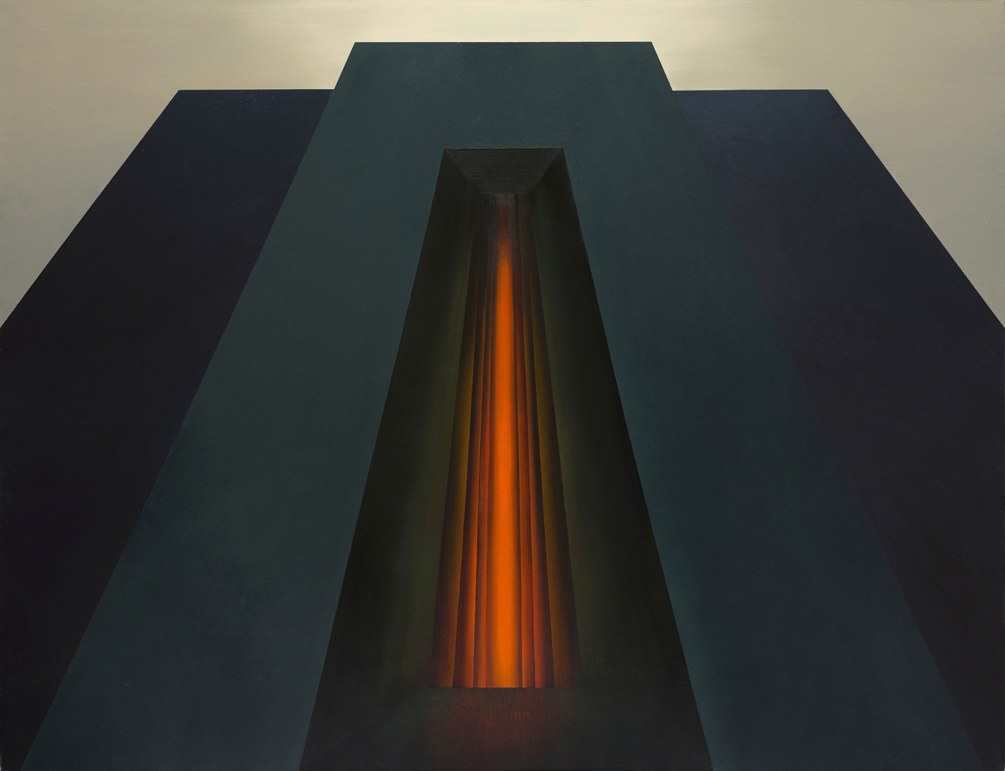 painting of giant black piramide with the orange light in the middle 