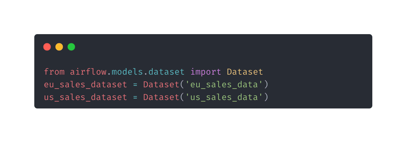 Code snippet showing how to import and define datasets in Airflow. It creates two datasets, eu_sales_dataset for European sales data and us_sales_dataset for US sales data, using the Airflow Dataset class.