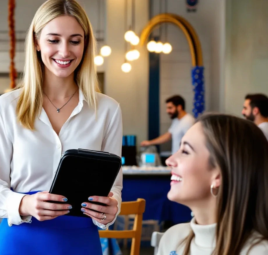 A waitress holding a mobile point of sale device, standing in front of a customer
