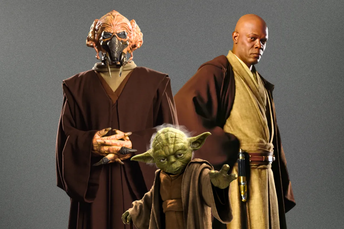 Jedi Masters Plo Koon, Yoda, and Mace Windu standing together in their traditional Jedi robes. Plo Koon’s intricate Kel Dor mask and talon-like fingers contrast with Mace Windu’s stern expression and Yoda’s wise, commanding presence. The trio represents the wisdom, strength, and leadership of the Jedi Council.