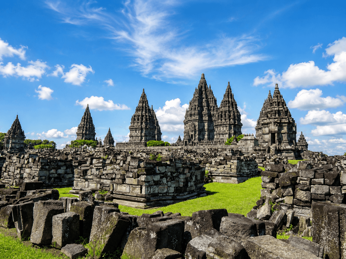 Panoramic view of Prambanan Temple complex with towering stone spires
