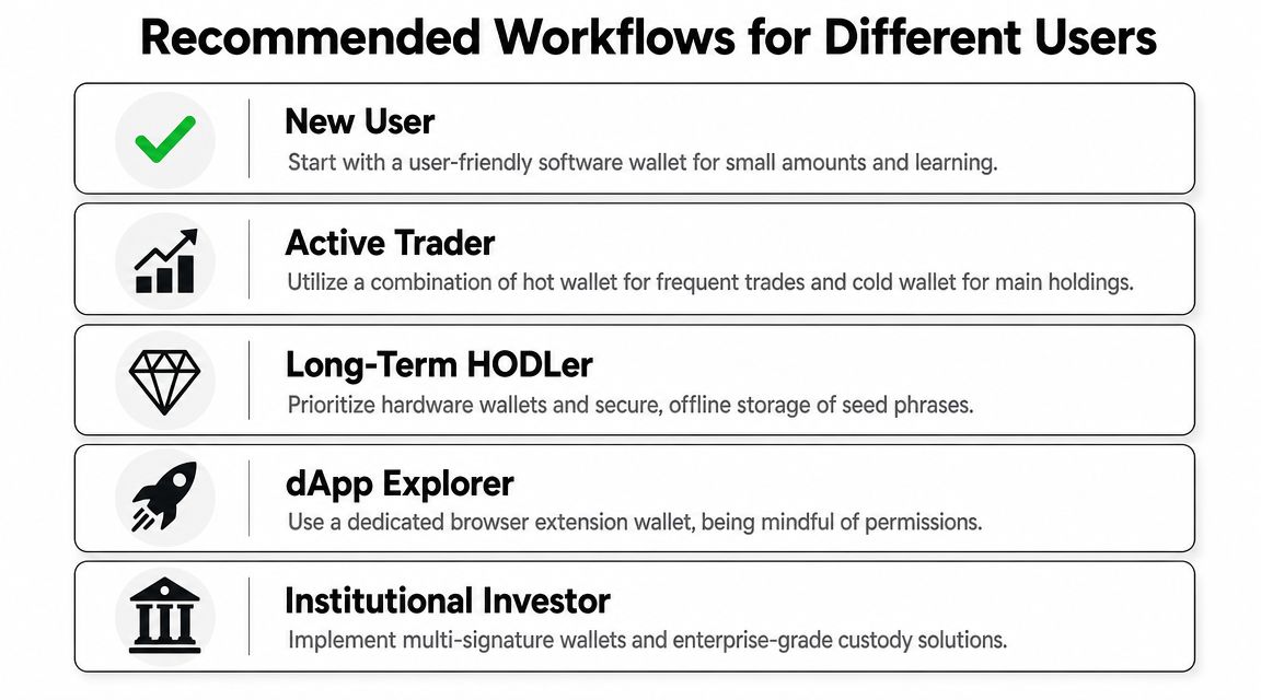 A list of recommended crypto wallet workflows for different types of users displayed in a clear diagram.
