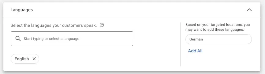 Screenshot Google Performance Max. Language settings