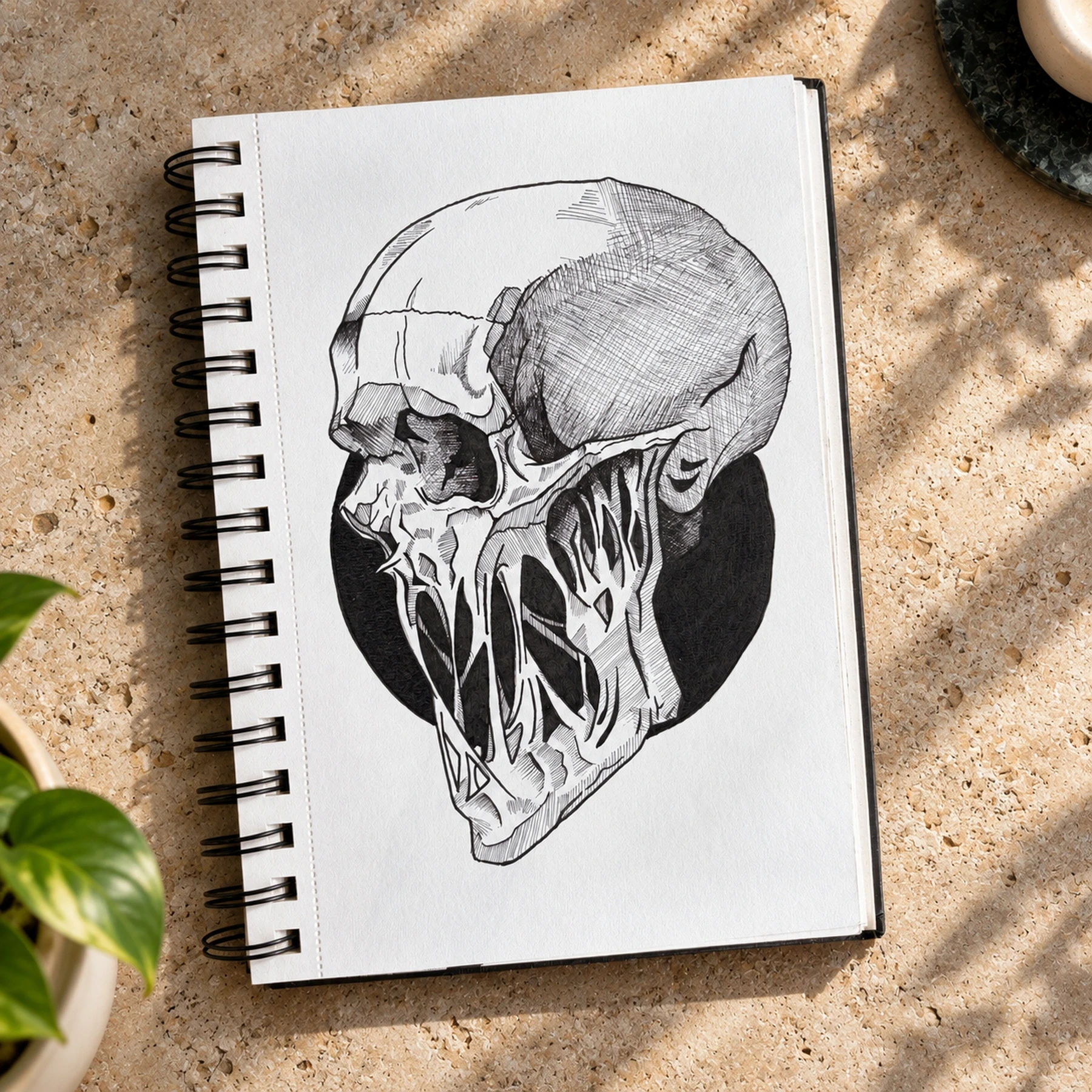 Surreal skull drawing with an elongated, open jaw against a black circle.