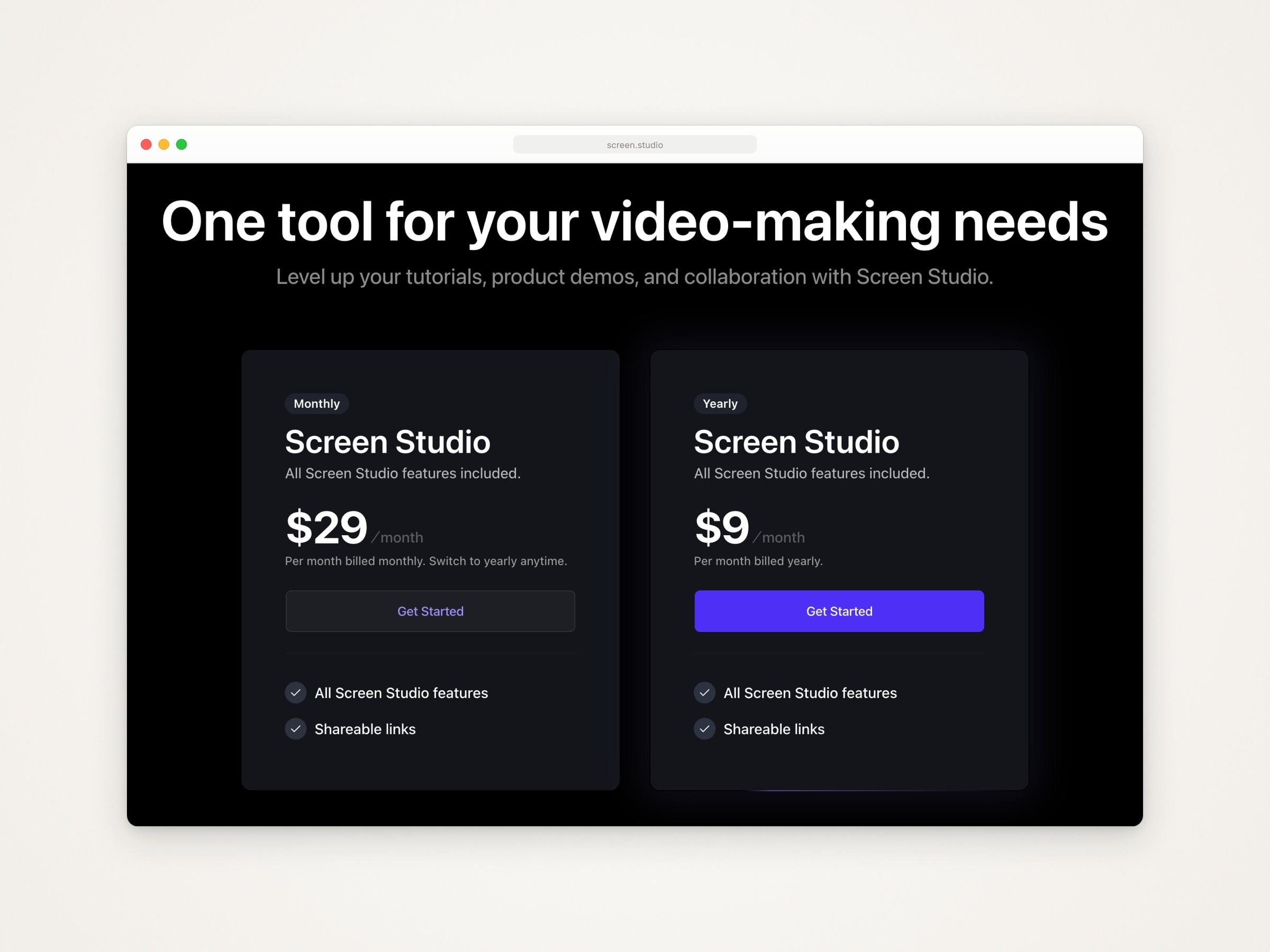 Screen Studio’s pricing: Monthly at $29 a month billed monthly, and Yearly at $9 a month billed yearly, each listing all Screen Studio features and shareable links