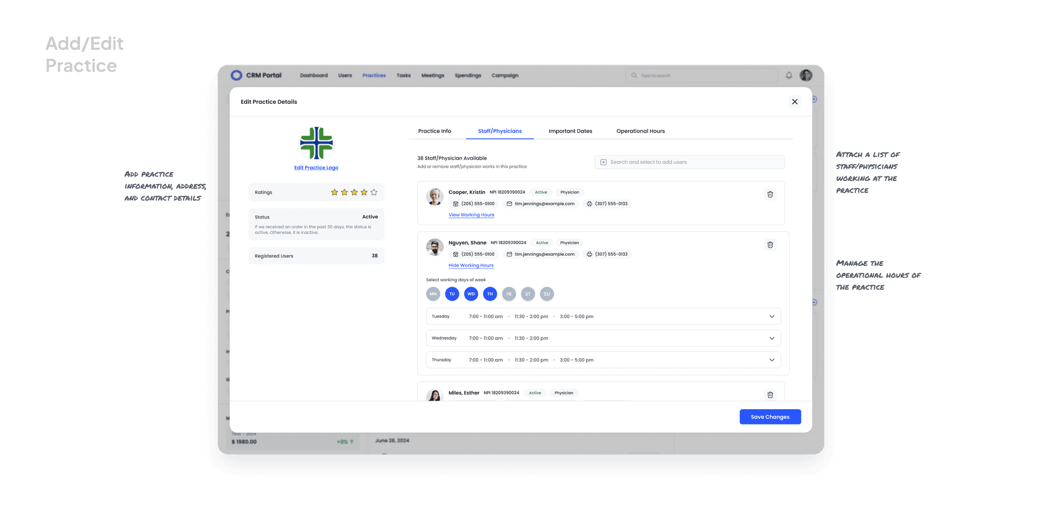 High fedility ui screen showcasing edit practice details module along with annotation of design thinking.