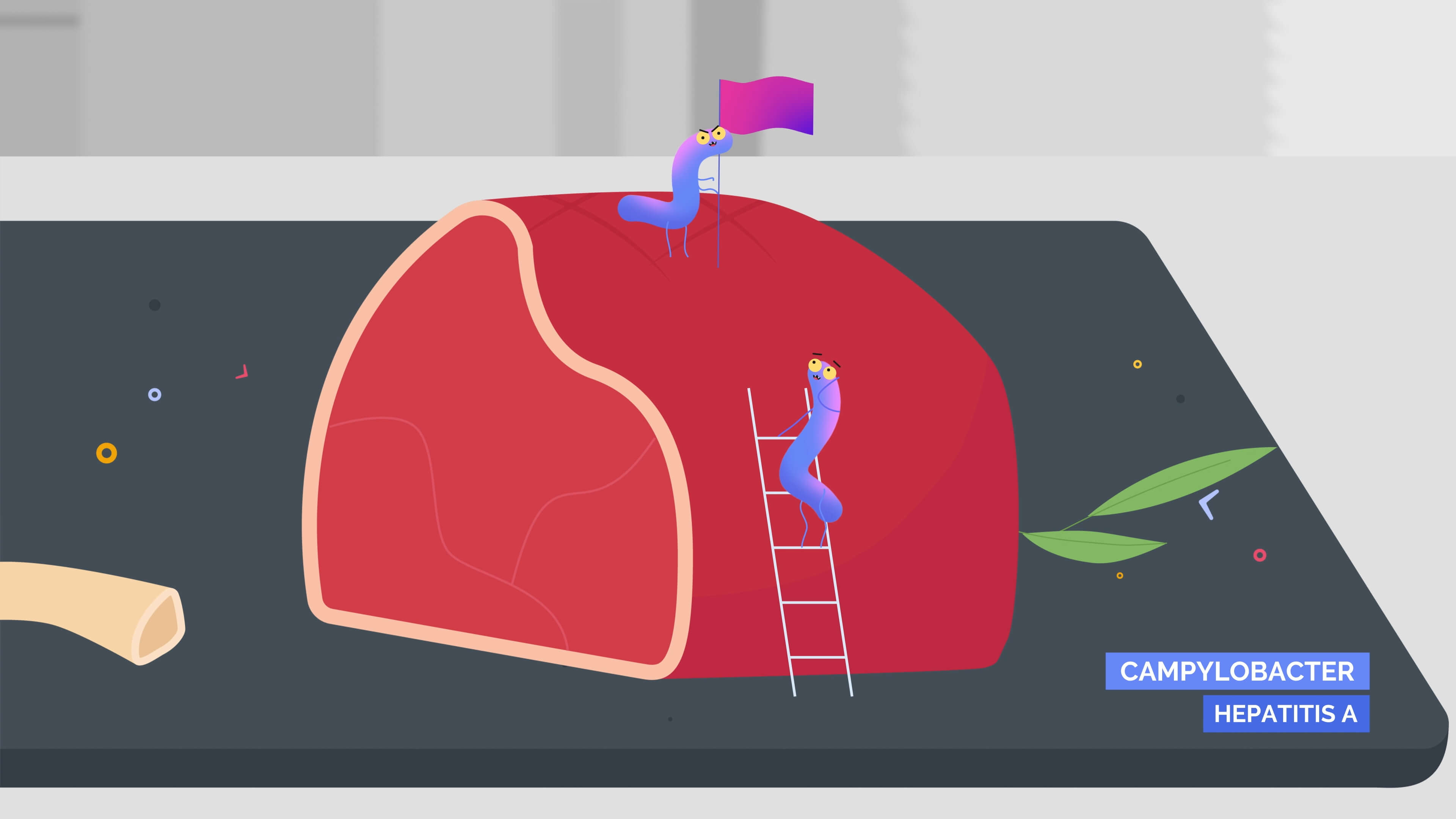 The stylized and simplified illustration of a bigger chunk of meat with germs surrounding it on the black cutting board