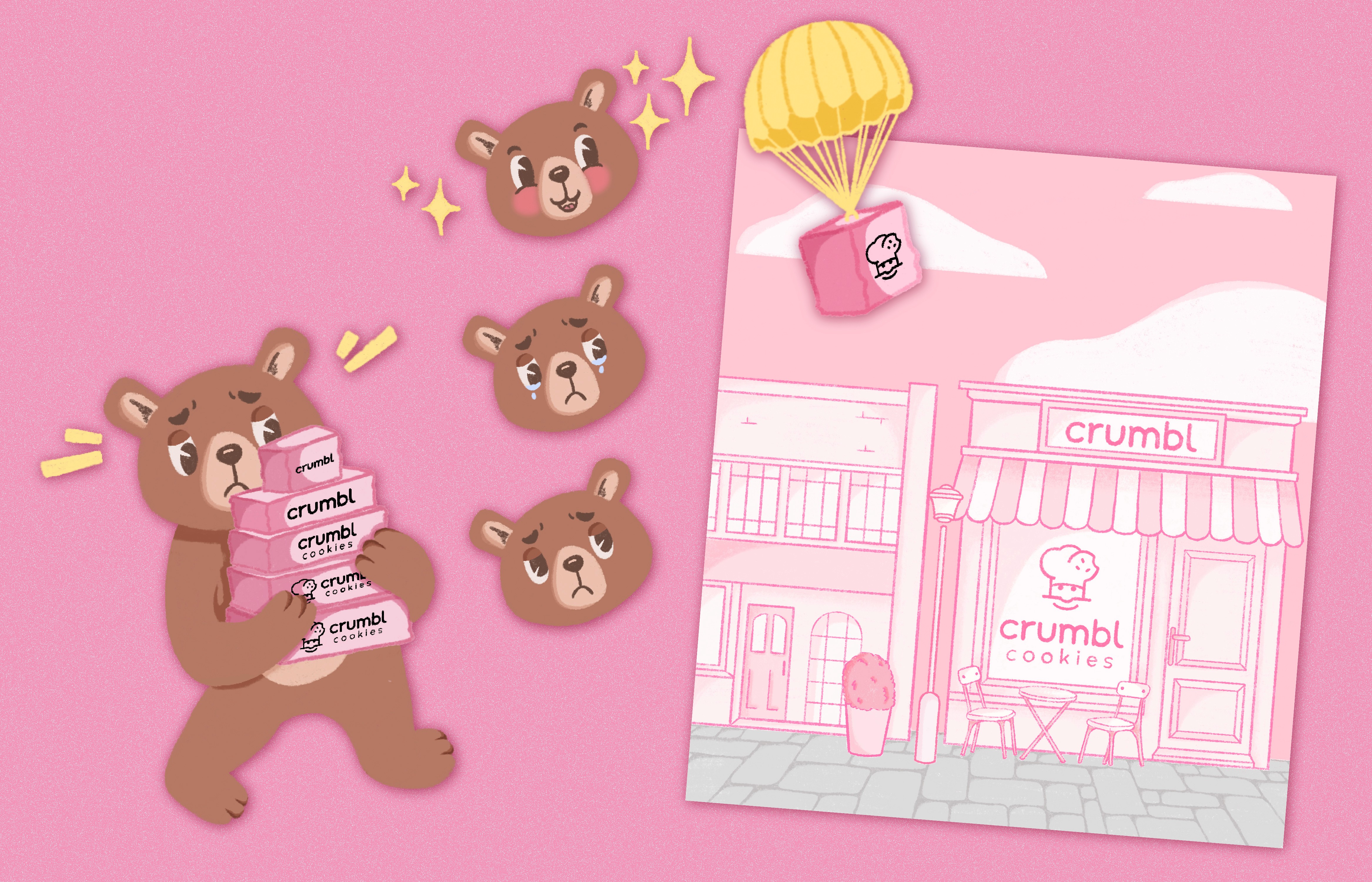 Flat lay of the project assets used in the animation. Included is the main character, the different facial expressions, the box with a parachute, and the background.