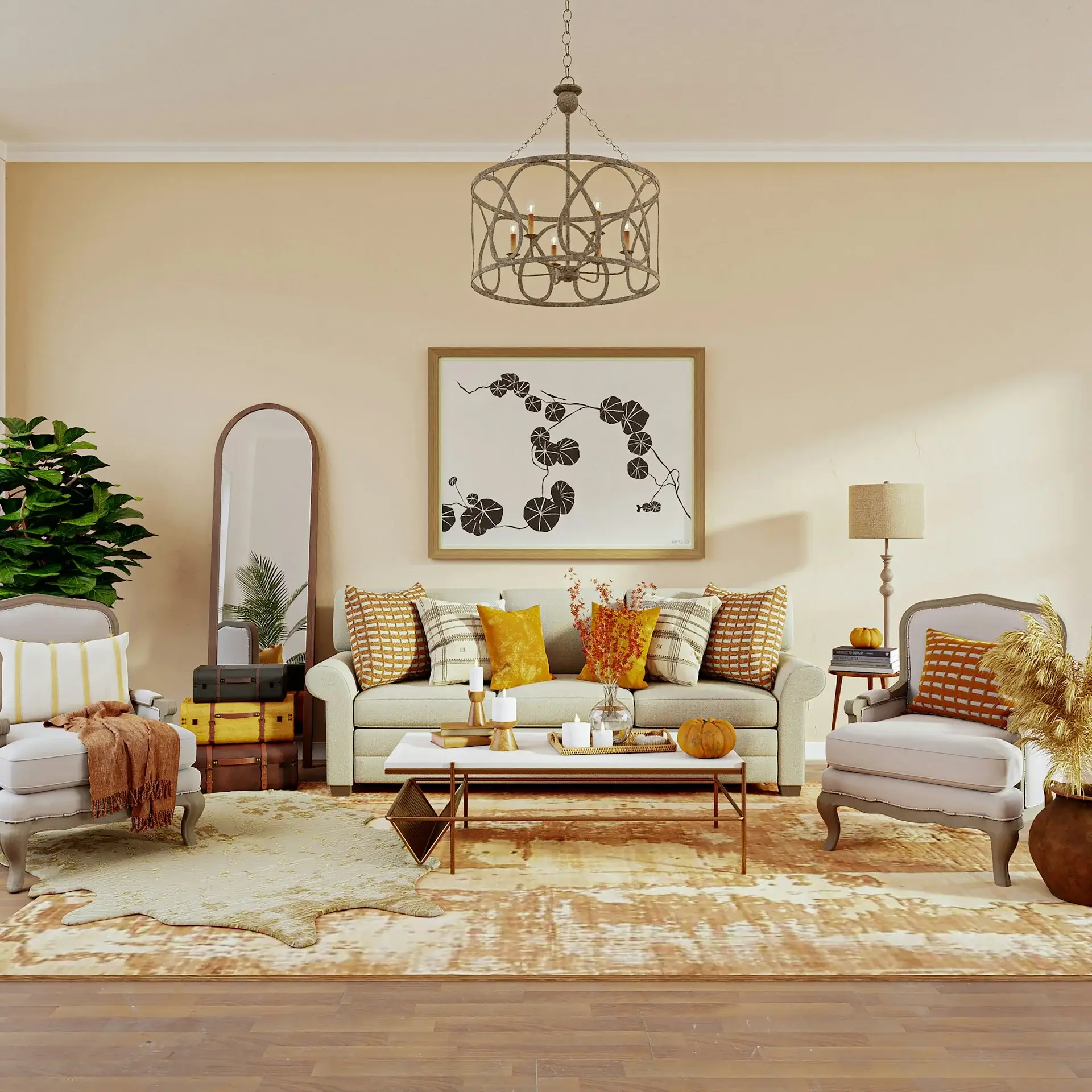 Warm living room with neutral sofa, accent chairs, chandelier, and cozy decor.
