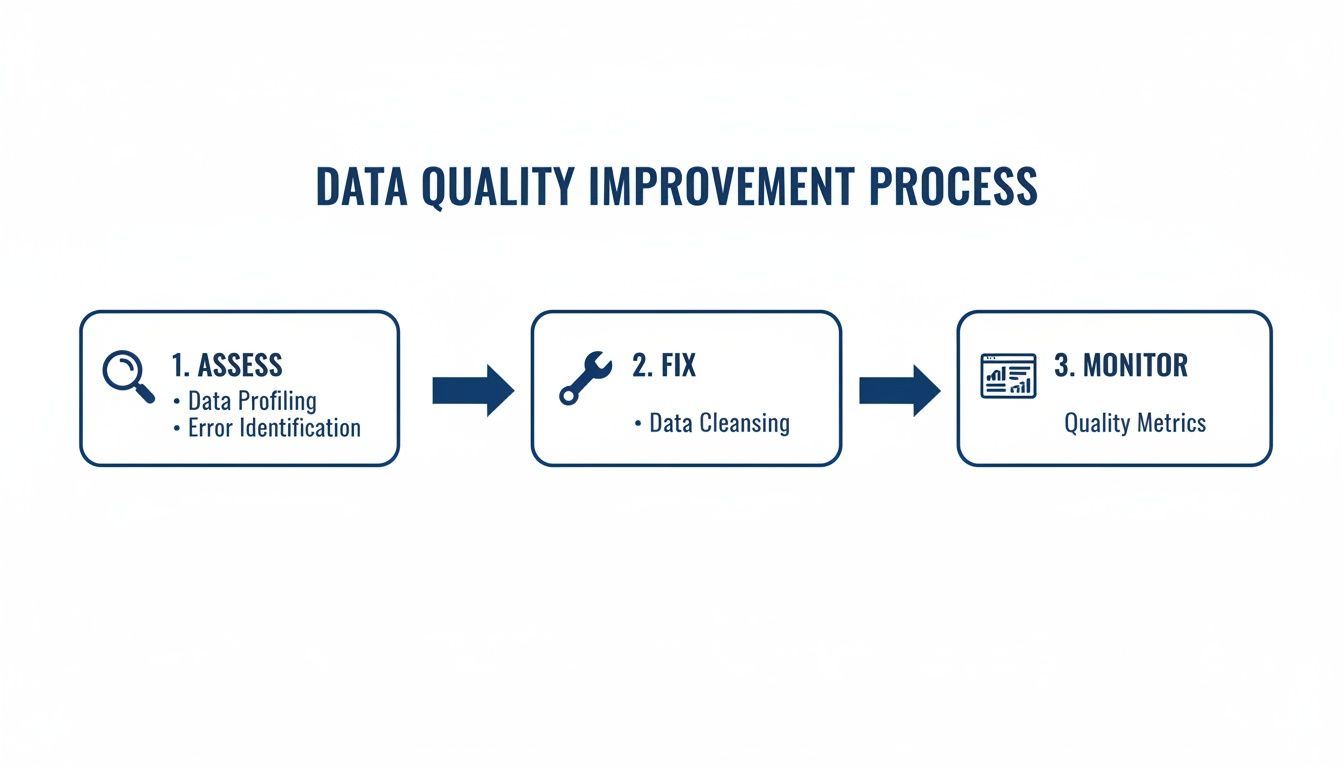 Data quality improvement process flowchart showing steps: assess, fix, and monitor for quality metrics.