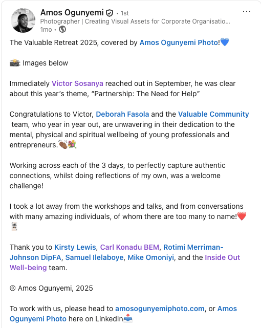 LinkedIn post screenshot discussing personal development from The Valuable Retreat.