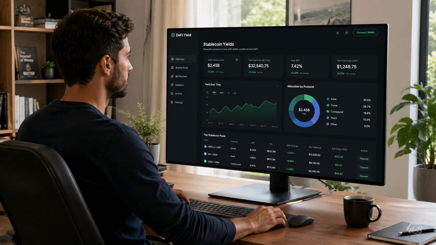 A man sitting at a desk looking at a DeFi dashboard displaying crypto yield and investment metrics.