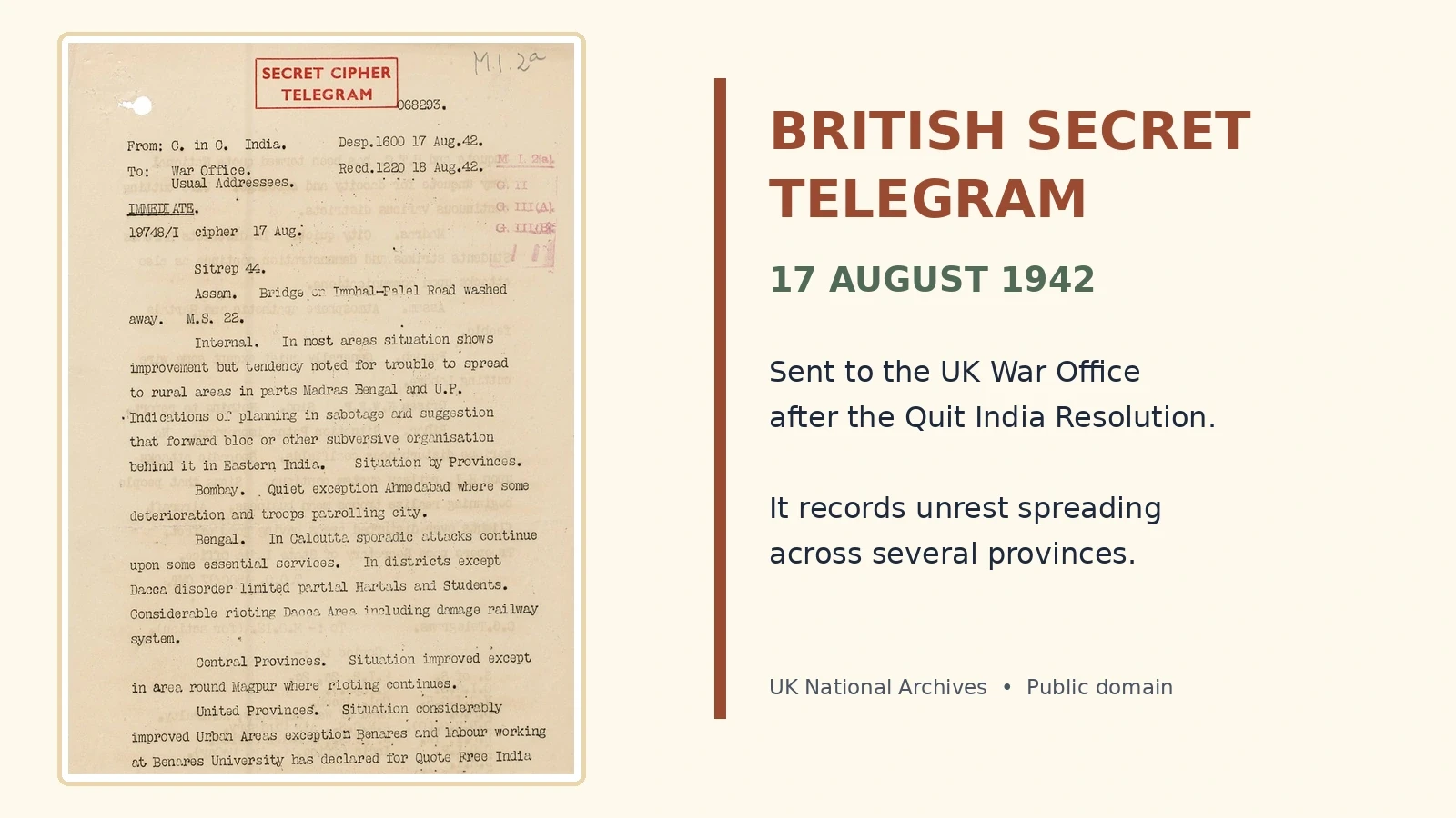 British secret telegram reporting civil unrest in India on 17 August 1942.