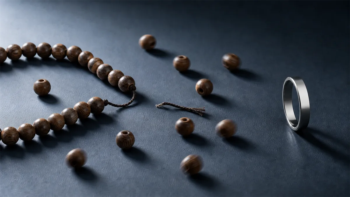 Broken wooden misbaha beads scattered beside an upright metal smart tasbih ring