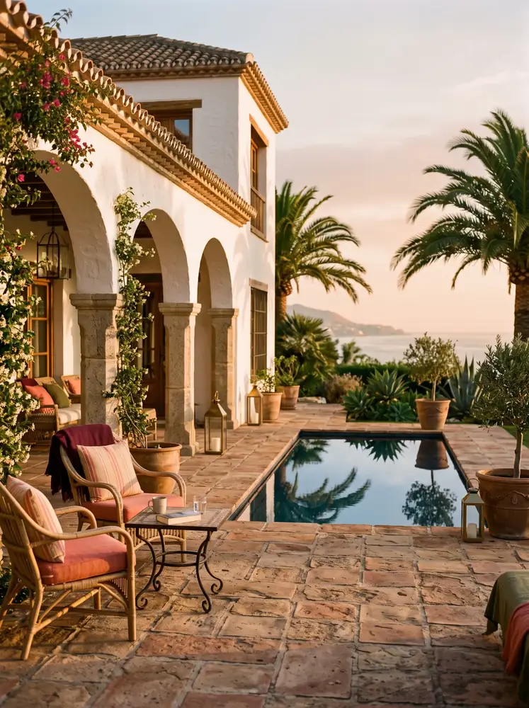Mediterrane villa met arcades, terras en zwembad met uitzicht op zee