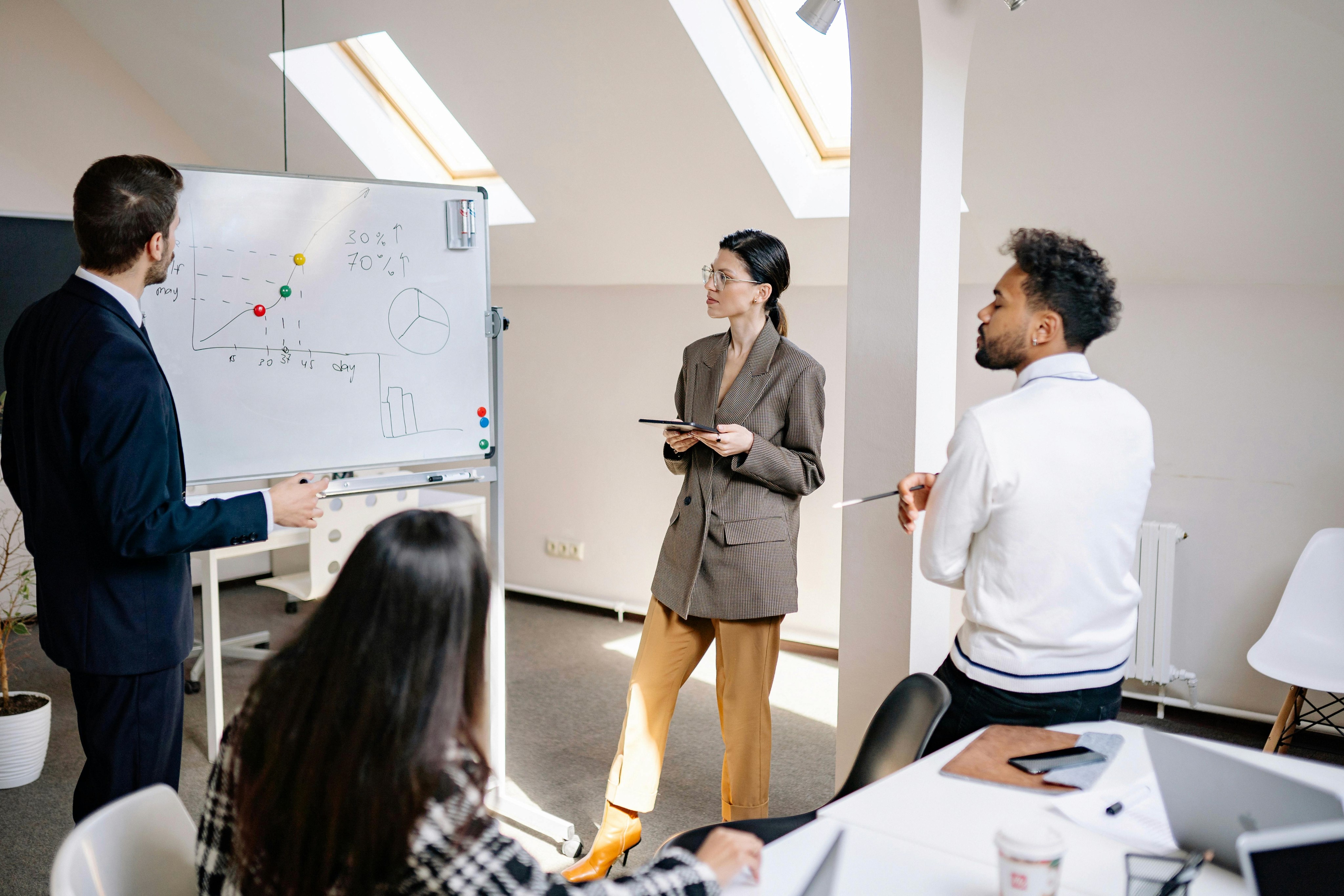 People having a meeting with a whiteboard