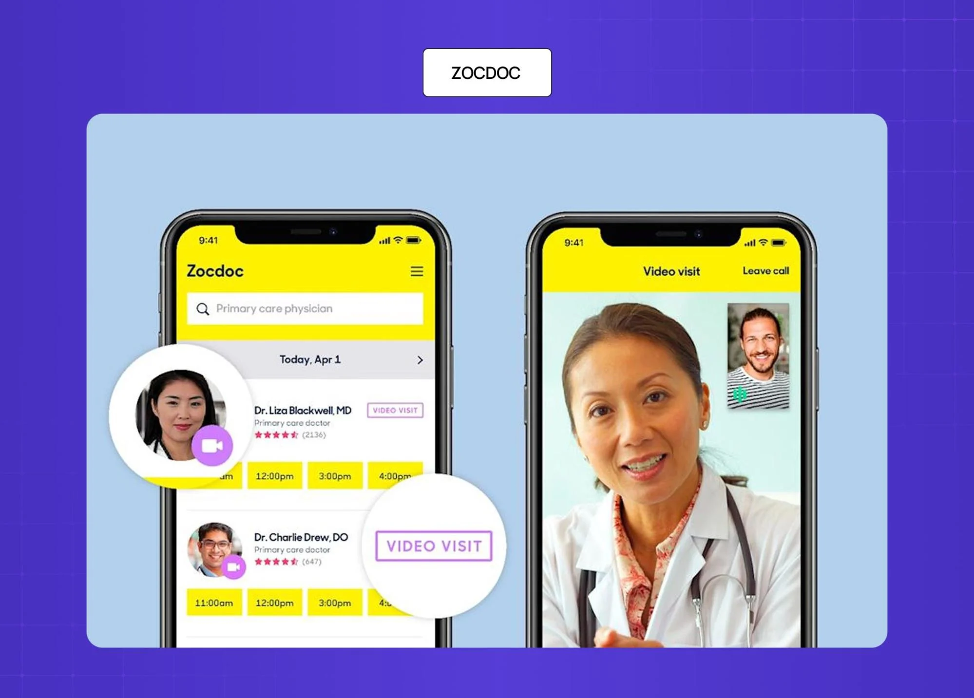 Zocdoc mobile app screens showing doctor search, appointment booking, and video consultation interface.