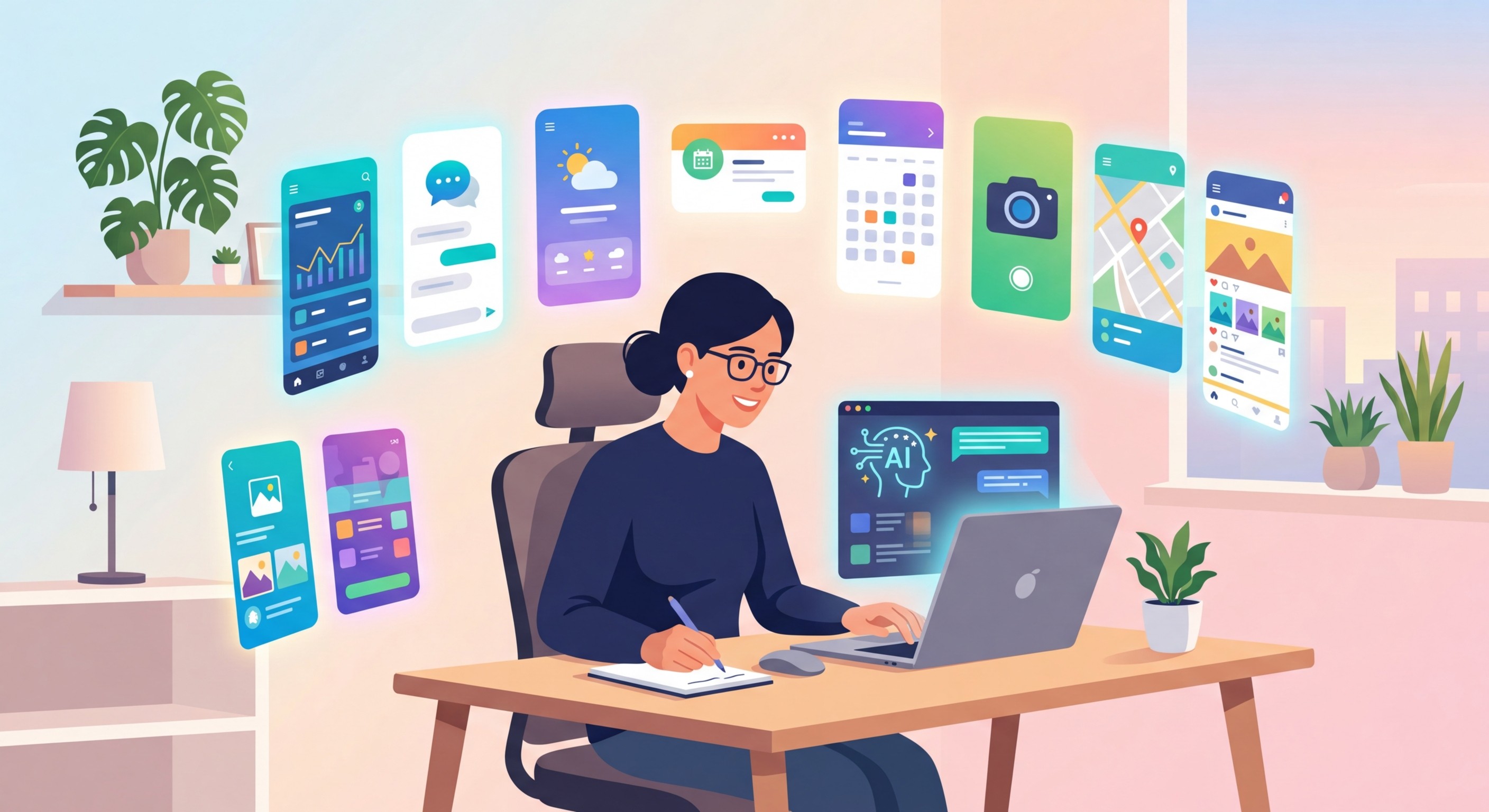 Illustration of a person using AI to build mobile apps through conversation