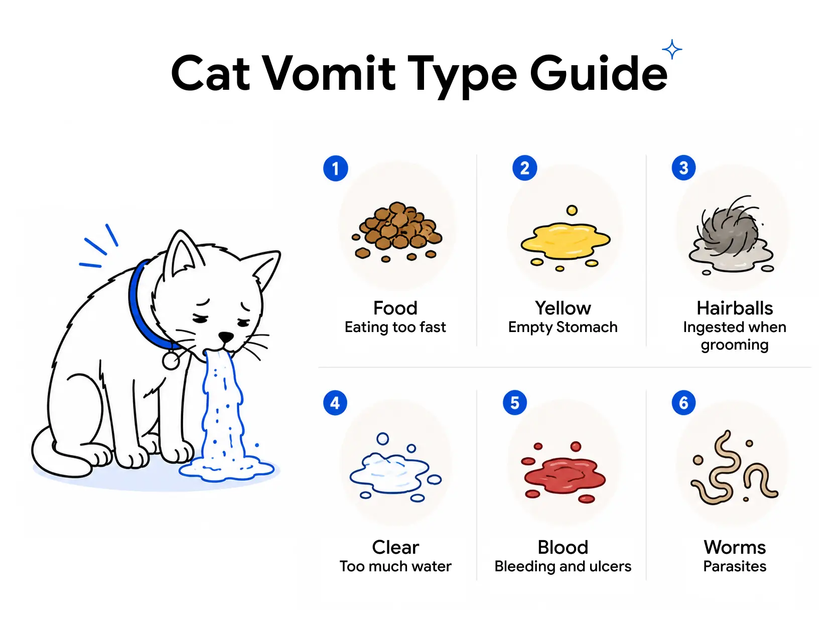 An inforgraphic showing the different types of cat vomit and what they mean.