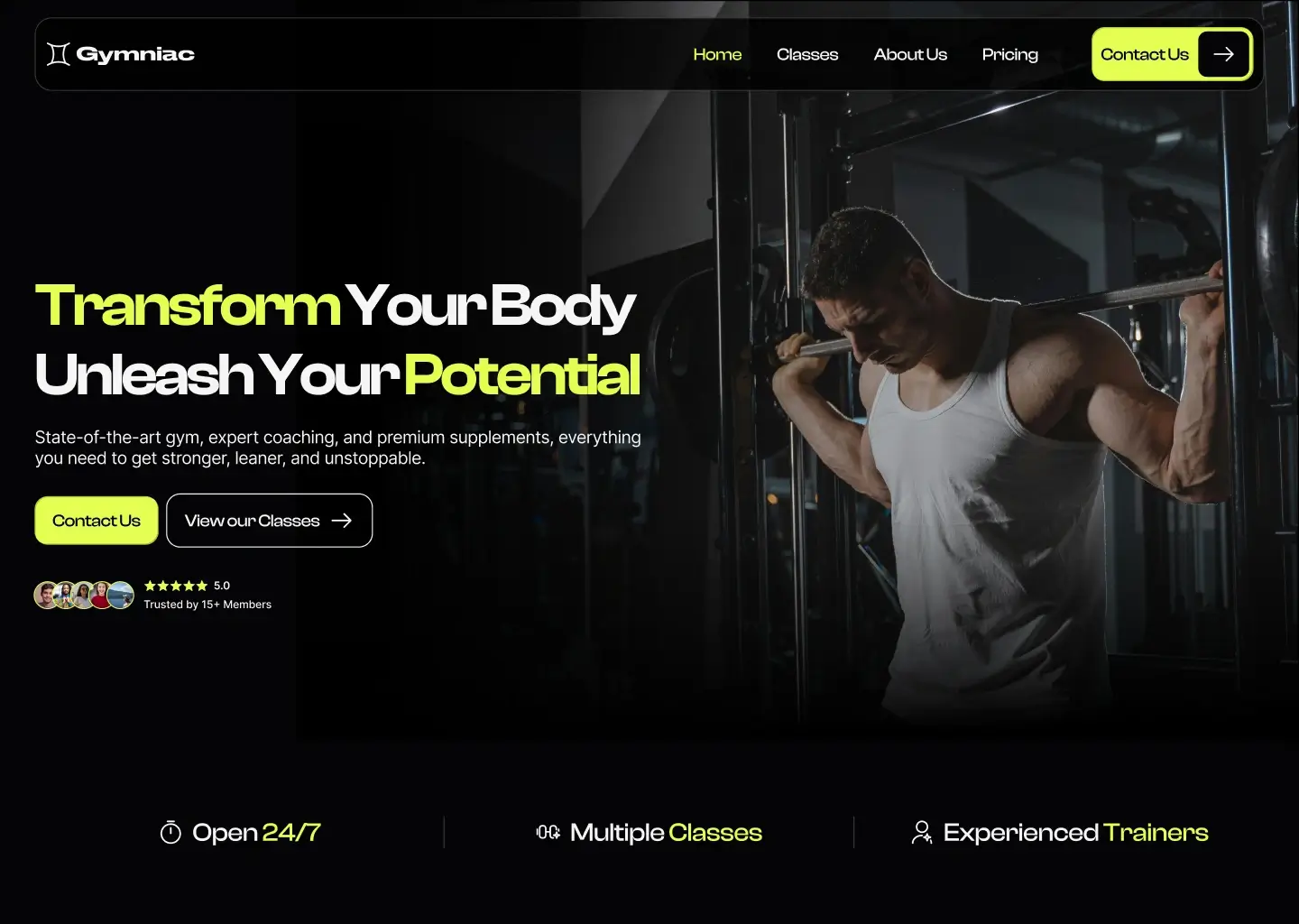 Gym website banner: man weightlifting, "Transform Your Body, Unleash Your Potential," 24/7 access, multiple classes, experienced trainers.