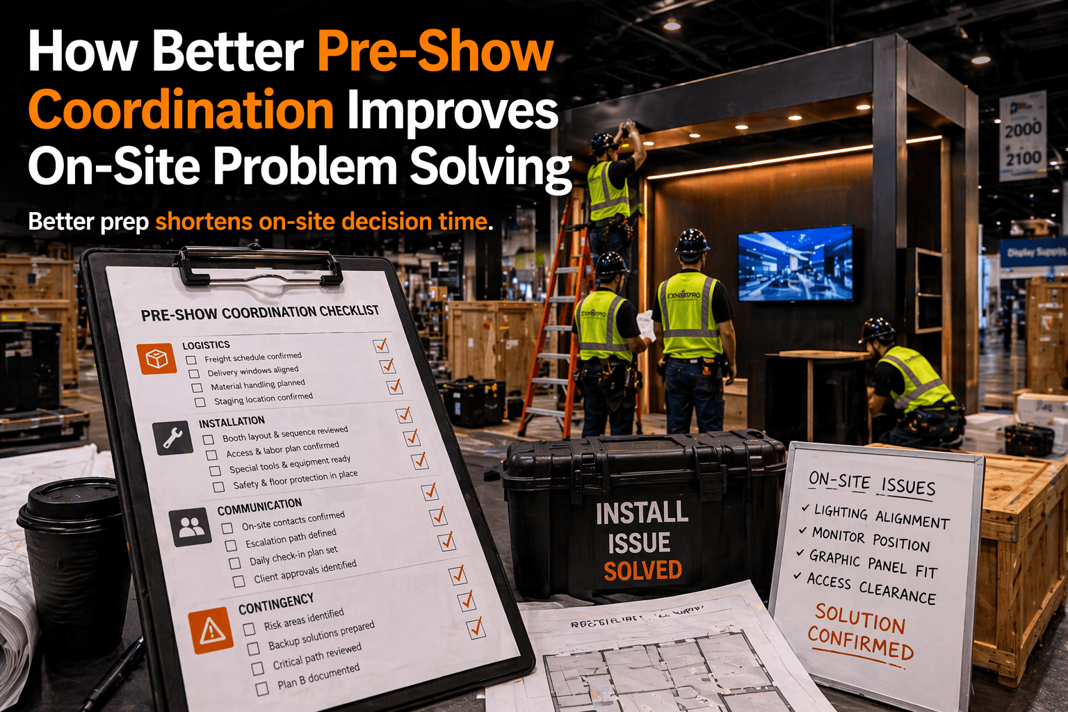Trade show booth installation with a pre-show coordination checklist, active crew troubleshooting, and on-site problem solving during setup