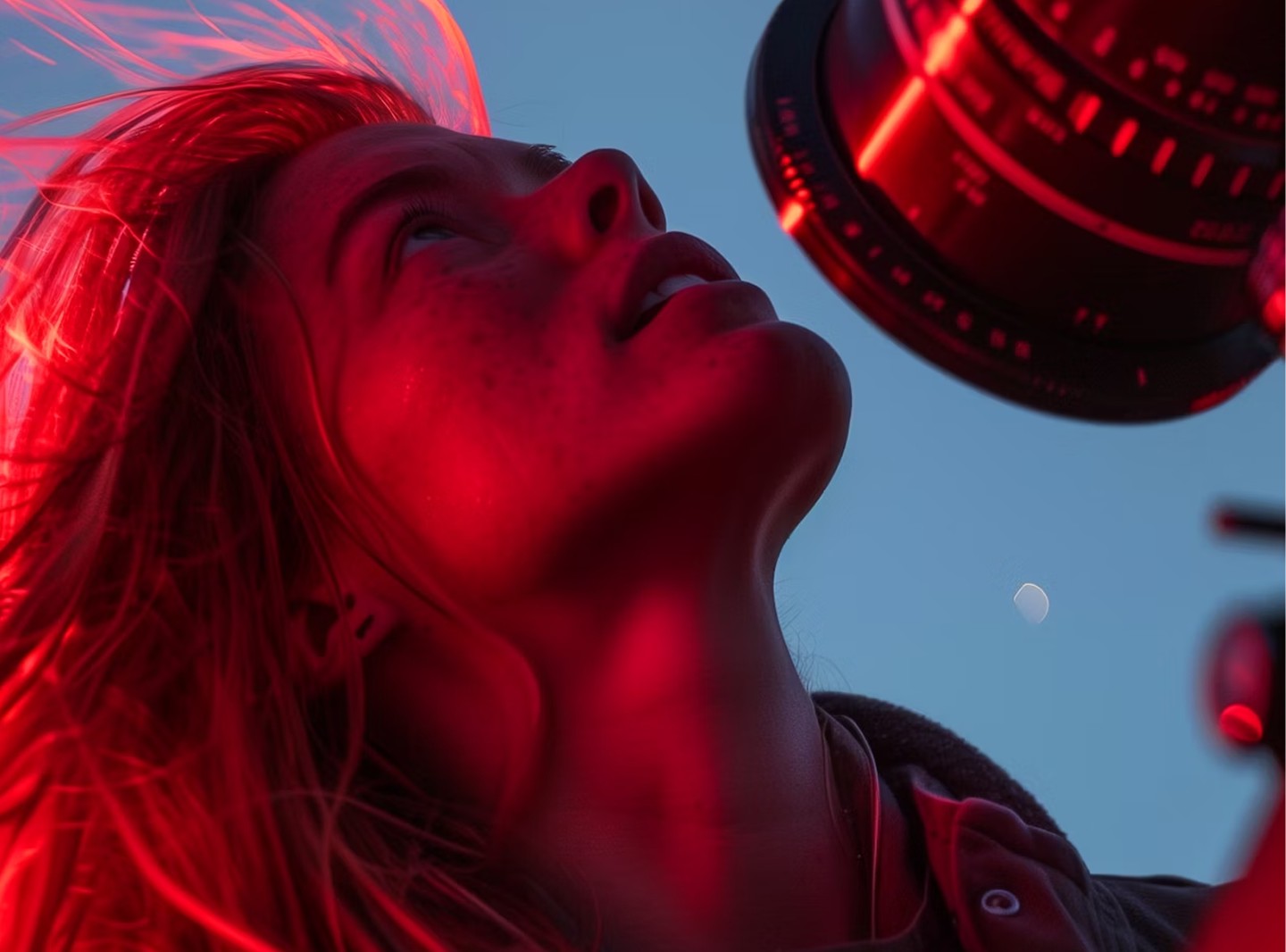 A person with windblown hair gazes upward, illuminated by a dramatic red light, against a twilight sky with a visible crescent moon, holding a large camera lens close to their face.