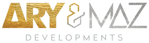 RY & MAZ Developments logo with gold and silver metallic lettering on a dark background