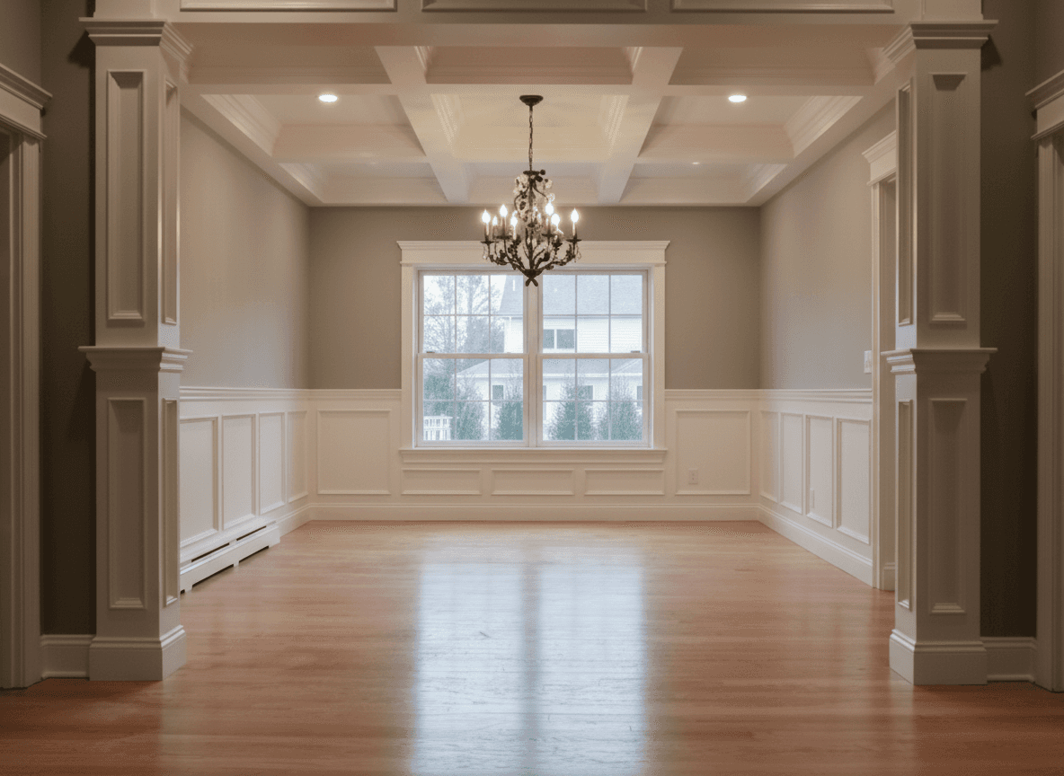 Custom millwork dining room with coffered ceiling, wainscoting, and modern chandelier
