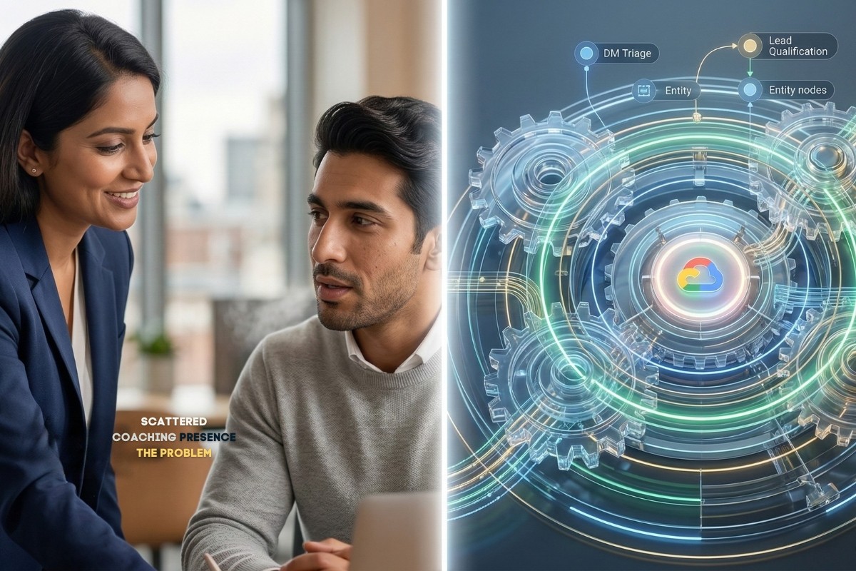 A cinematic, split-screen composition. On the left: A warm, authentic close-up of a coaching session, showing a person feeling relieved and focused in a bright, modern office. On the right: A complex, intricate 3D 'engine' made of glowing, translucent glass gears and interconnected data streams, representing a silent AI automation.