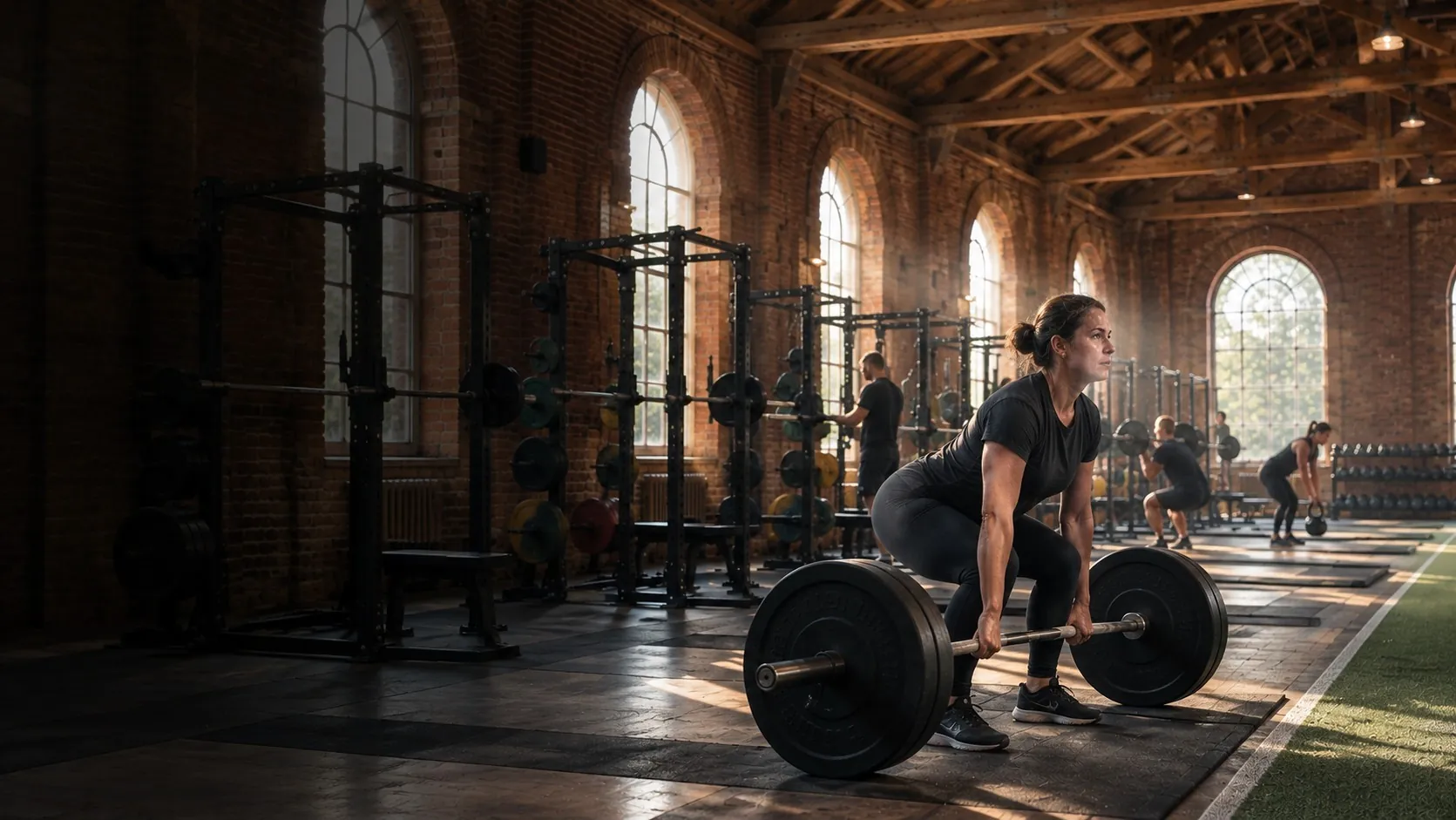 A member deadlifting under the arched windows of the old gymnasium