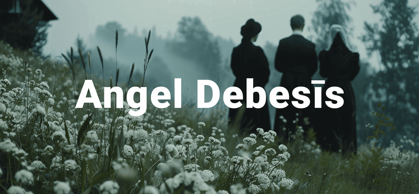 Angel Debesīs bēru pakalpojumu mājas lapas galvenais attēls ar mierīgu ziedu fonu