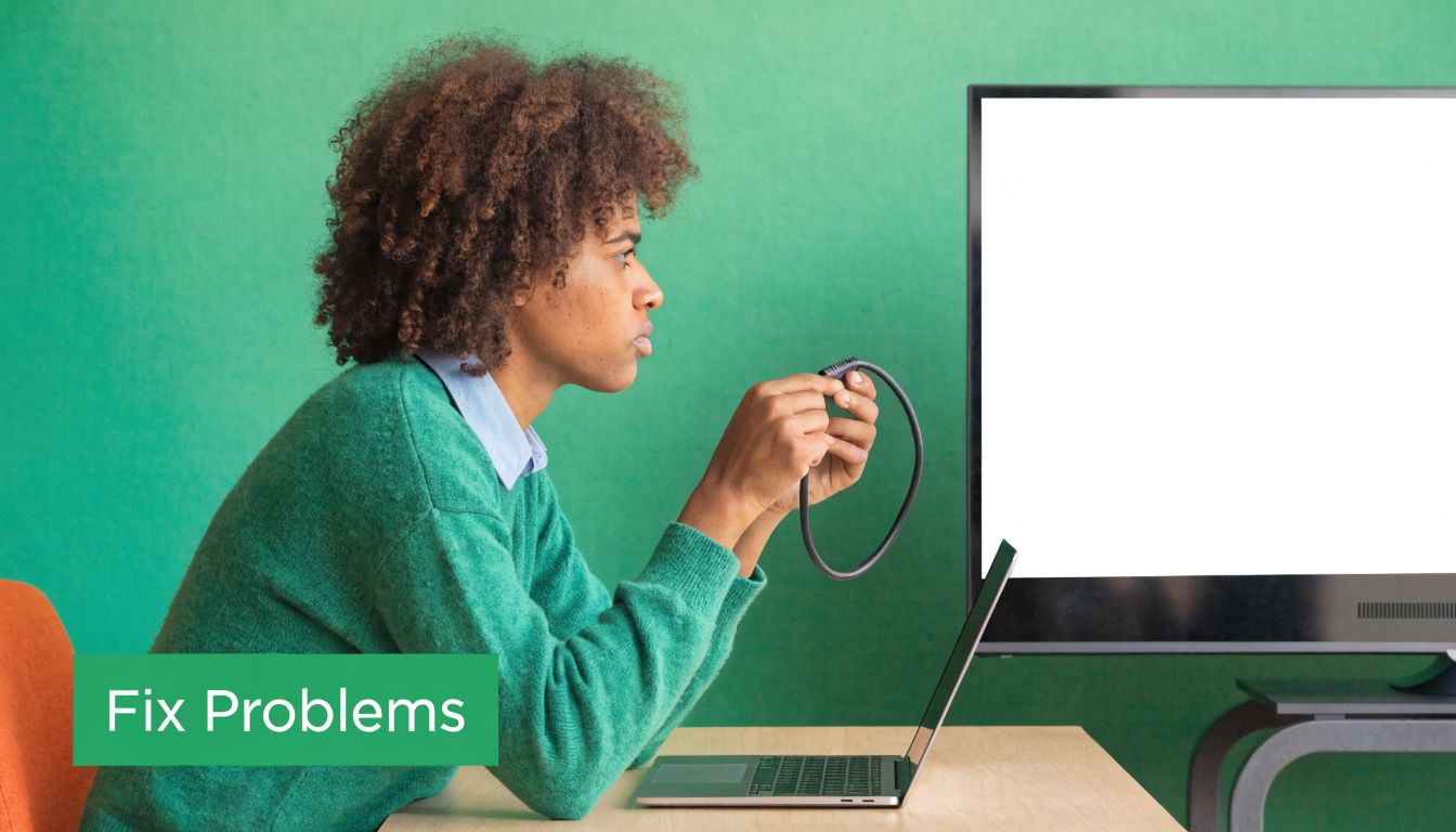 A woman holding an HDMI cable while looking at a large blank screen in a bright office.