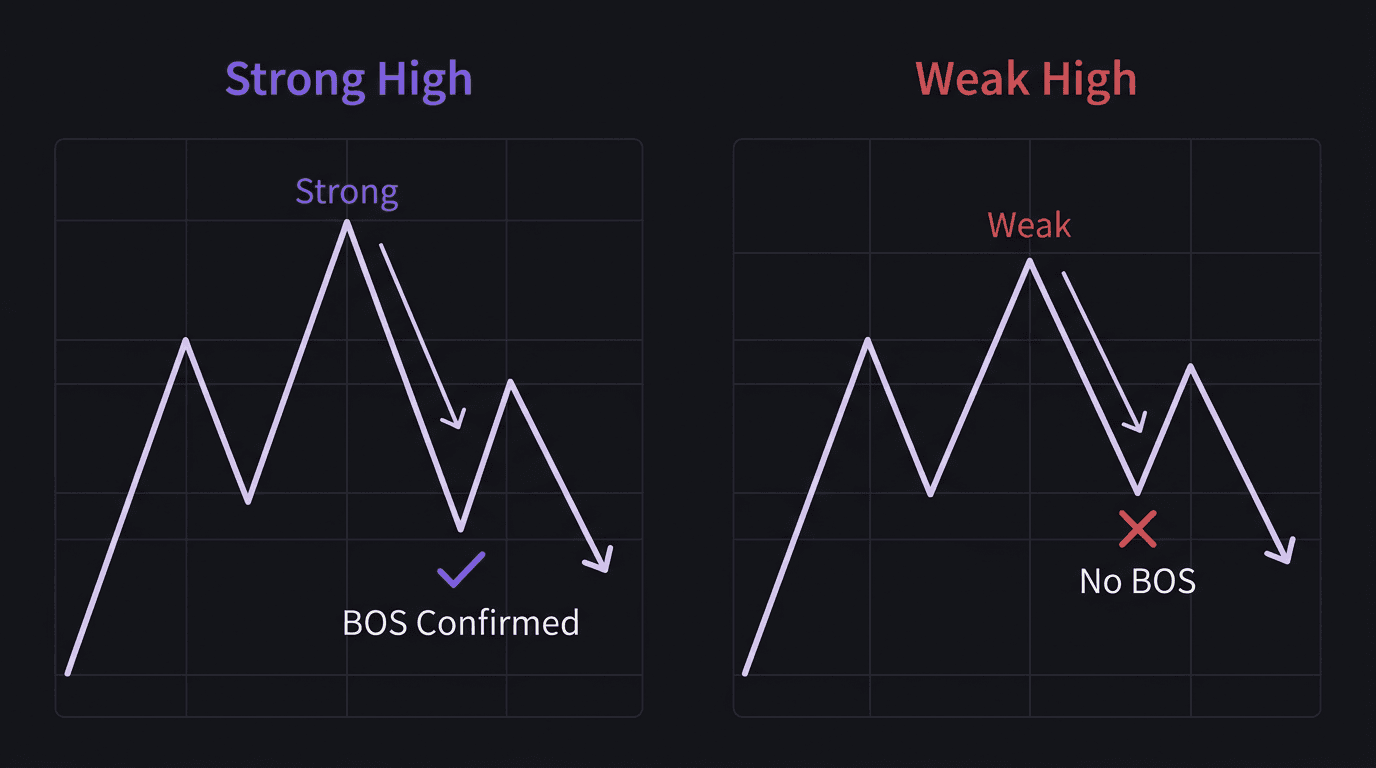 Diagram comparing strong highs versus weak highs in swing structure