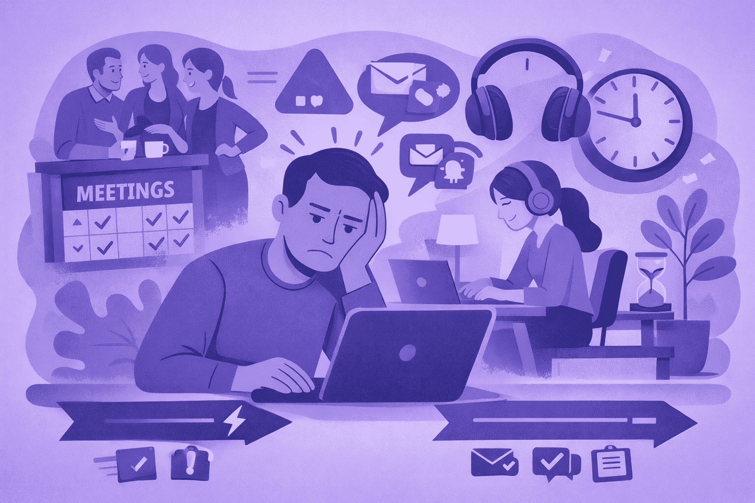 Flat-style illustration of an office worker struggling to focus amidst notifications and chatter, symbolizing workplace distractions, lost productivity, and the challenge of maintaining deep work.