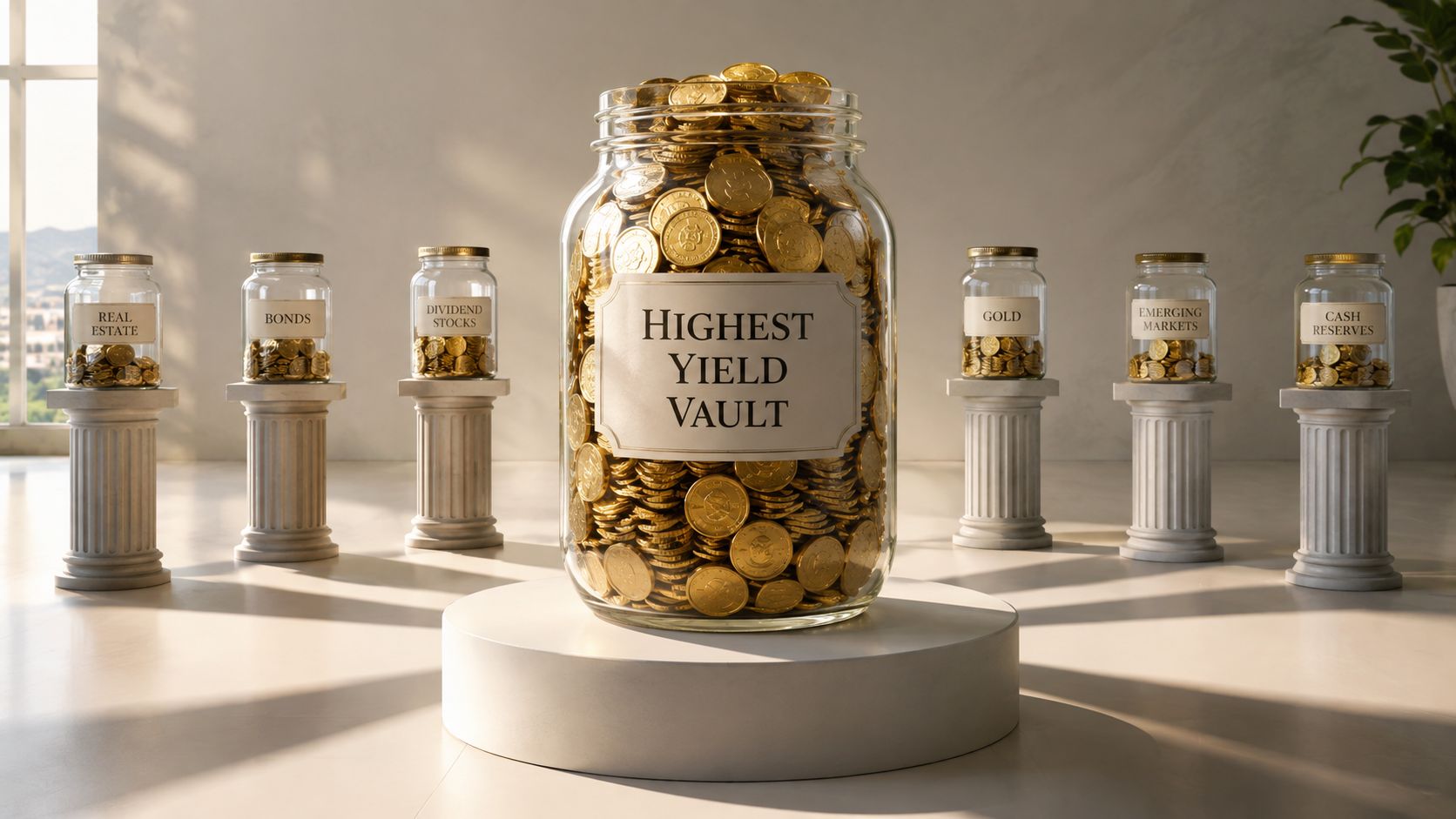 A large central glass jar labeled Highest Yield Vault surrounded by smaller jars of various financial assets.