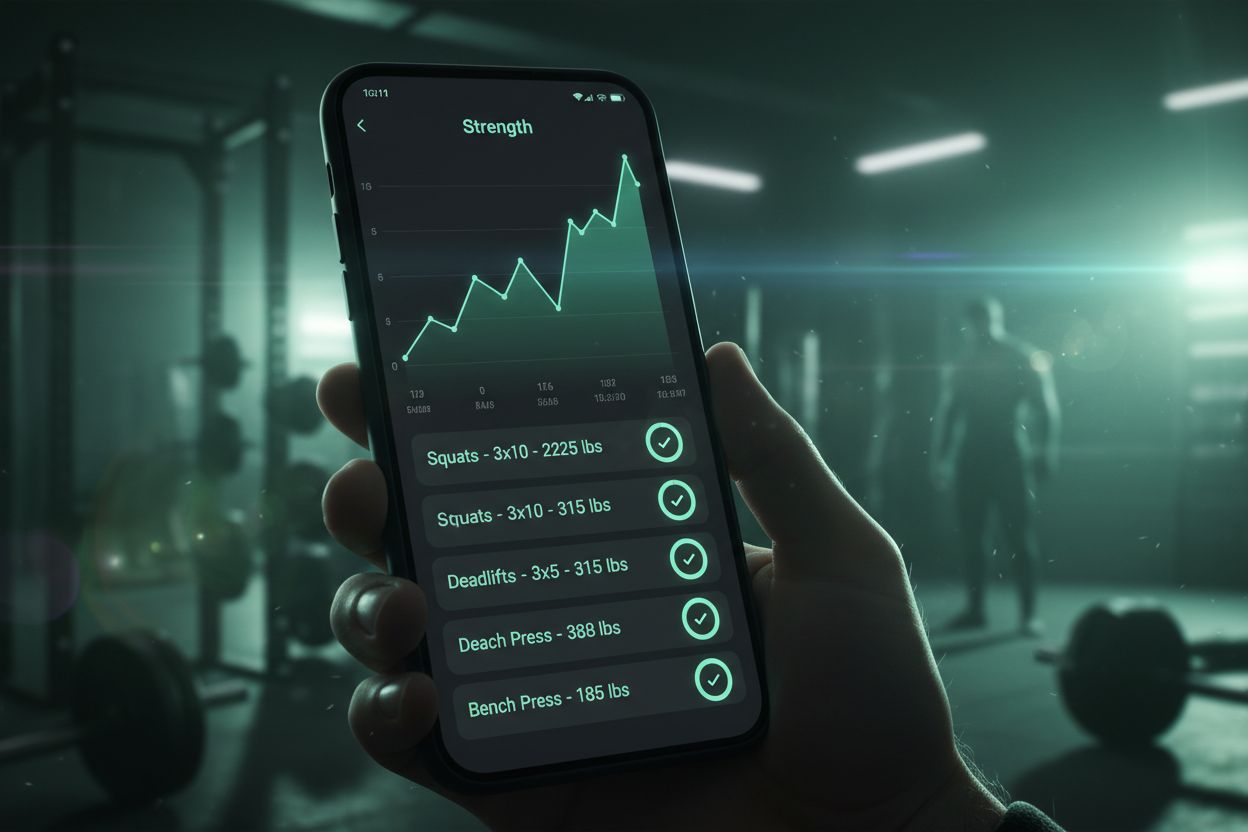 Phone displaying workout log and graphs