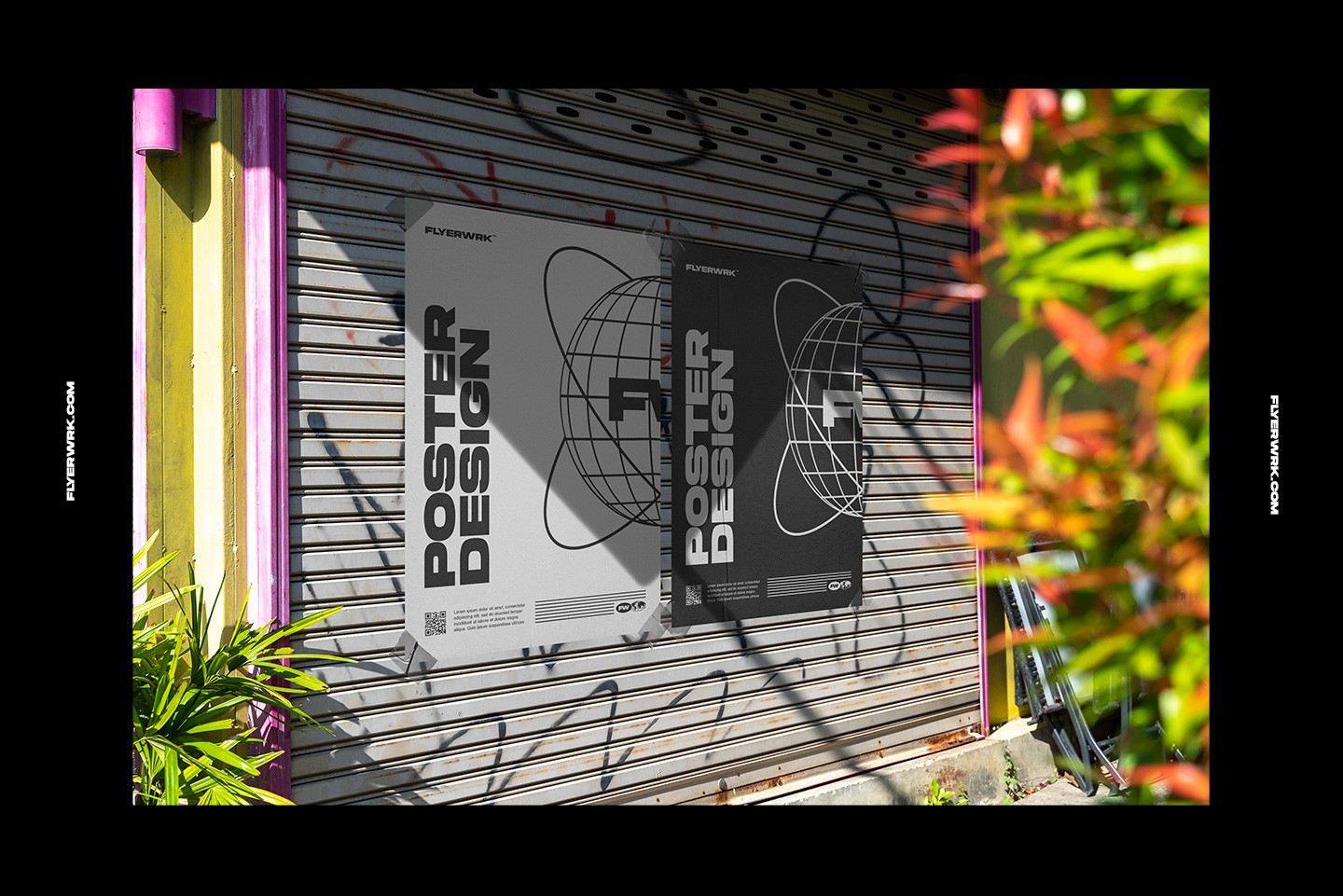 Urban poster wall mockup posters placed on metal shutter with street graffiti