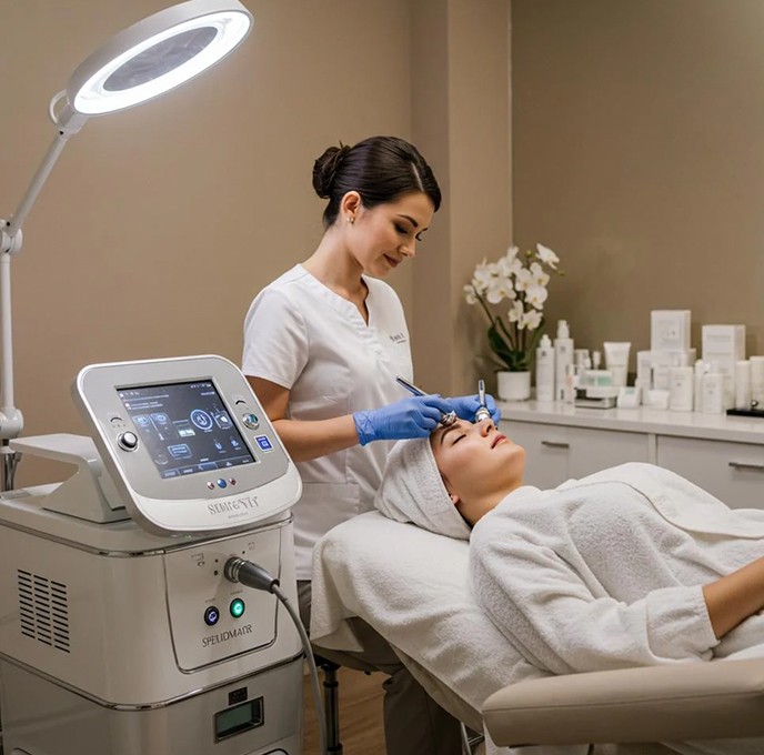 Portrait of a woman with long red hair and closed eyes, gently touching her face with both hands