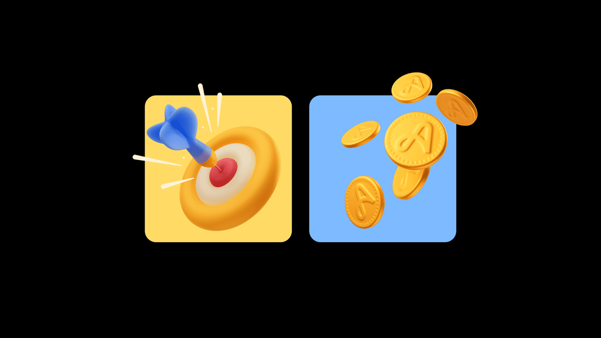 3D illustrations showing a dart hitting a target and coins representing rewards.
