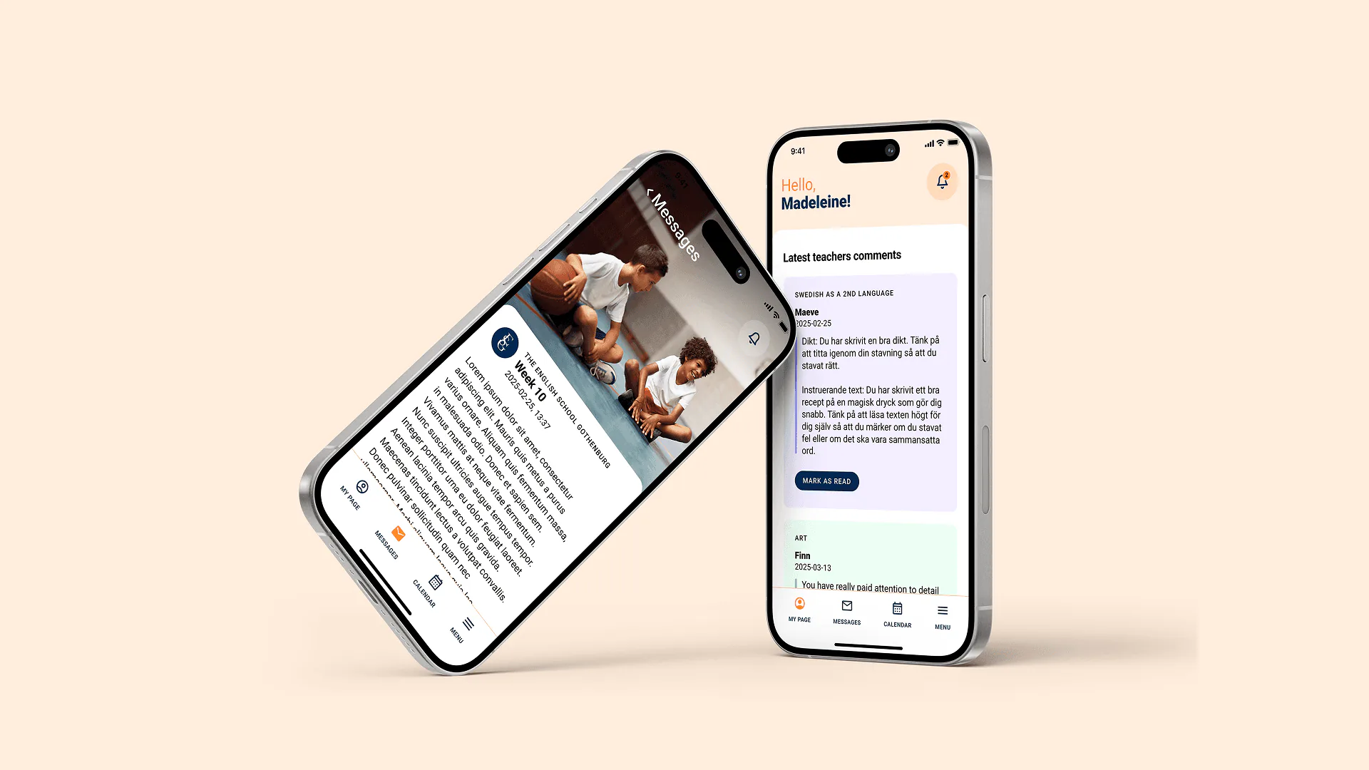 Två mobiler som visar en skolapp med meddelanden och lärarkommentarer