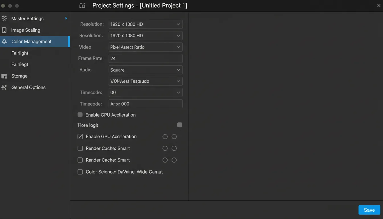 A screenshot of the DaVinci Resolve Project Settings window, featuring a Modern Dark Mode UI. The layout has a left sidebar with a vertical list of navigation links and a larger right panel displaying configuration options. The interface uses a deep charcoal gray background with light gray abstracted text lines, dropdown menus, checkboxes, and radio buttons with placeholder data.