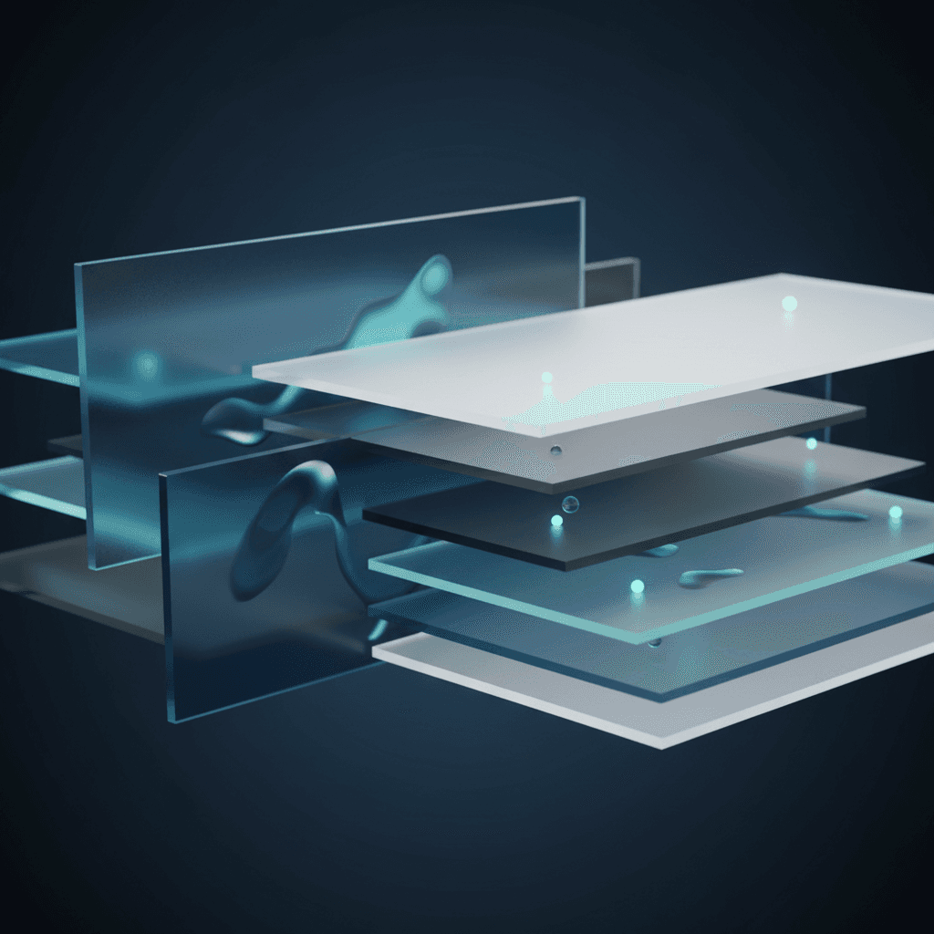 Glassmorphism illustration of hidden risks in overnight and weekend forex trading, with glowing panels and subtle turbulence below the surface.