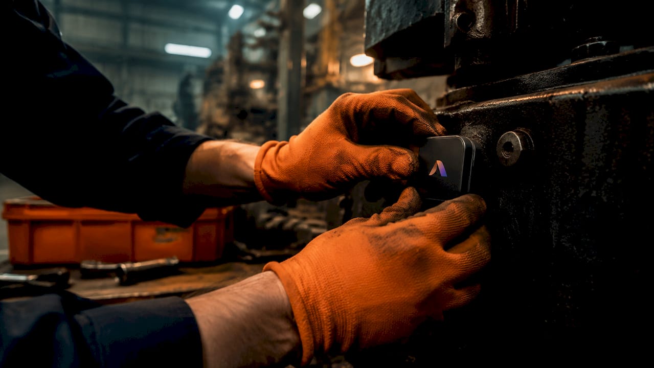 Hands installing wireless sensor on machine