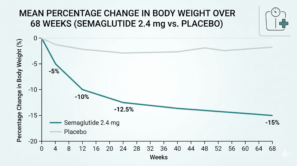 Semaglutide weight loss timeline graph showing percentage lost at key milestones
