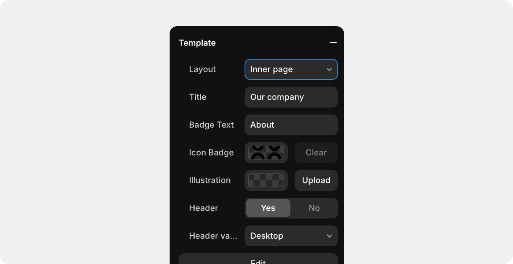 Framer inner page template editor with title, badge, and illustration fields
