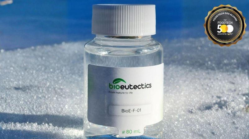 Bioeutectics BioE-F-01 bottle, containing 80ml presented on a snow background.