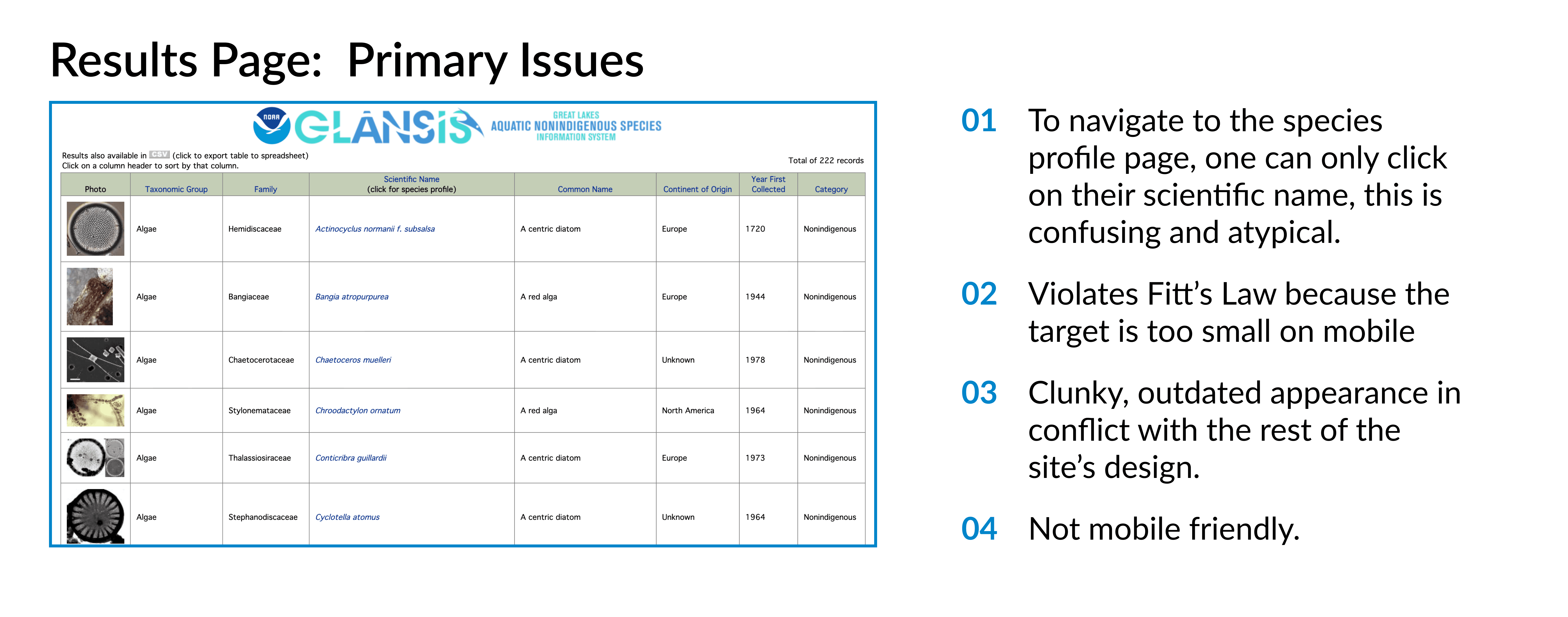 An audit of the issues with the current design for the GLANSIS search results page.