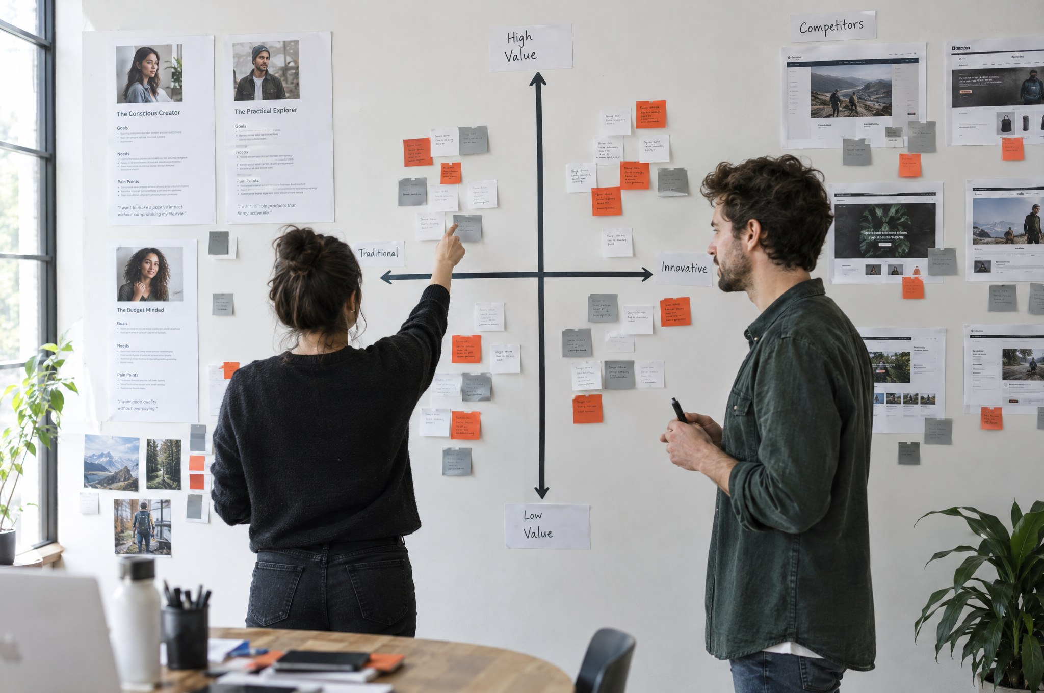 Brand strategy workshop with a positioning map and clustered sticky notes on a studio wall